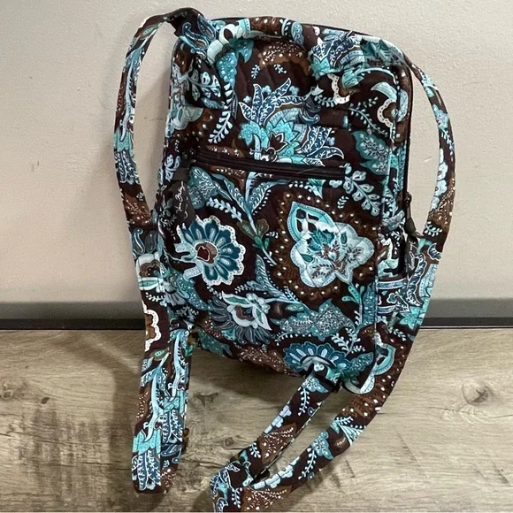 VERA BRADLEY Brown & Turquoise JAVA BLUE Quilted Cotton DESIGNER Back Pack BAG - Picture 3 of 6